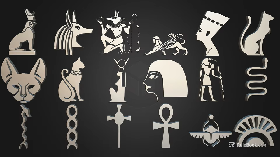 Egyptian Themed Hanging Pendants Featuring Anubis Sphinx Nefertiti Cat And Ankh Symbols 3d model 