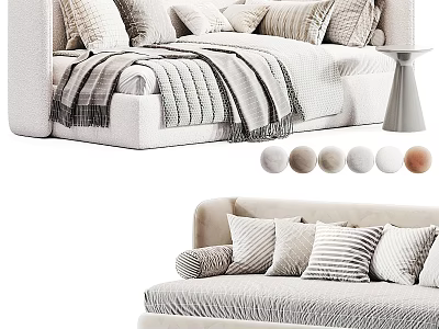 Modern Upholstered Sofa Bed With Multiple Pillows Striped Blanket And Neutral Colors 3d model