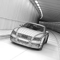 Silver Audi Car Driving On Road Through Illuminated Tunnel At Night