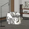 Stylish Patterned Accent Chair In Modern Living Interior With Floor Lamp And Bookshelf