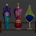 Colorful Decorative Perfume Bottles With Various Shapes And Metallic Accents On Wooden Shelf