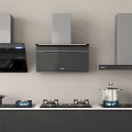 Modern Kitchen Appliances With Three Range Hoods Gas Stoves And Countertop Pots