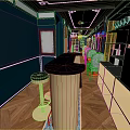 Restaurant Interior Featuring Teal Walls Golden Trim Wooden Flooring Bar Counter And Chairs