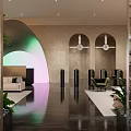 Modern Hotel Lobby Interior With Arched Structure Sofa Seating And Ambient Lighting Effects 3d model