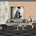 Modern Sofa Coffee Table Set With Geometric Rug Wooden Stone Wall And Black White Artwork