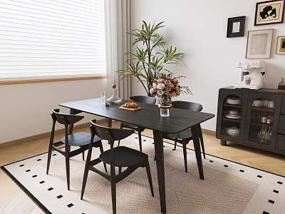 Modern Black Table and Chair Set in Bright Interior with Green Plant Wall Art Rug 3d model