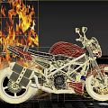 Gold and Red Motorcycle With Flames and Sparks on Night Street Against Illuminated City Buildings