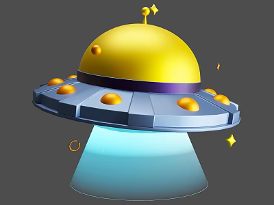 Yellow UFO with Dome Top Surrounding Spheres Blue Light Beam Stars And Rings 3d model
