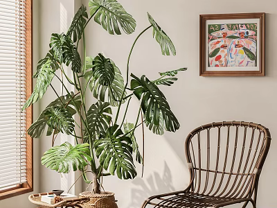 Decorative Monstera Potted Plant With Wicker Chair Colorful Painting And Bright Window 3d model