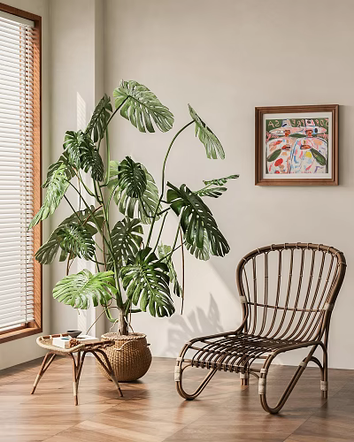 Decorative Monstera Potted Plant With Wicker Chair Colorful Painting And Bright Window 3d model