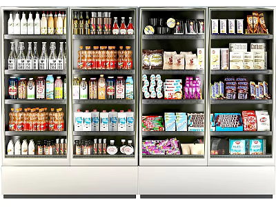 Retail Display Shelves Stocked With Various Beverages Snacks And Packaged Products 3d model