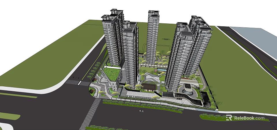 Modern High Rise Residential Complex With Landscaped Gardens And Central Community Area 3d model 