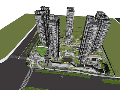 Modern High Rise Residential Complex With Landscaped Gardens And Central Community Area 3d model