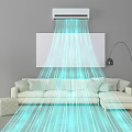Living Room With Light Colored Sofa Air Conditioner Green Light Floor Lamp And Green Plant