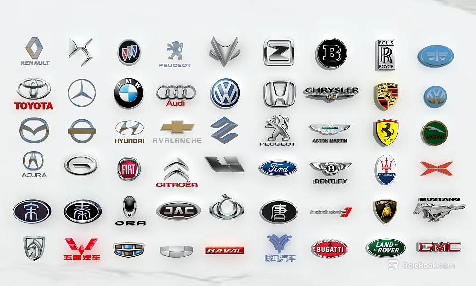 Collection of Assorted Multiple Car Brand Logos and Automotive Emblems Displayed 3d model 