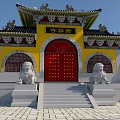 Ancient Chinese Architecture Traditional Temple Complex With Yellow Buildings Courtyard And Mountain View
