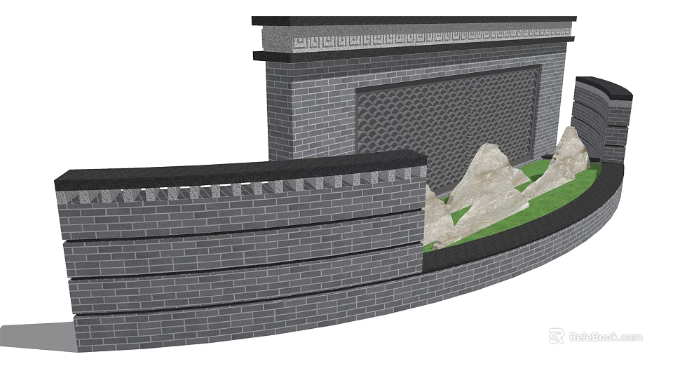Traditional Garden Wall Design With Gray Brick Structure And Artificial Rockery Green Plants 3d model 