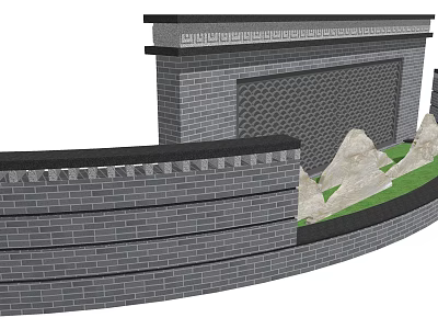 Traditional Garden Wall Design With Gray Brick Structure And Artificial Rockery Green Plants 3d model