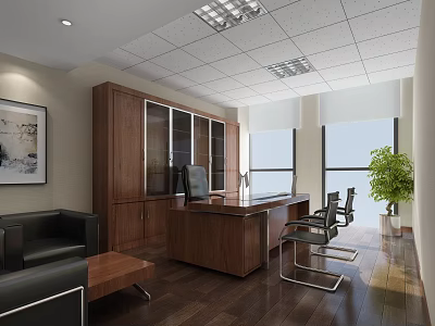 Modern Office Interior With Wooden Executive Desk Black Chairs Large Windows And Green Plant 3d model