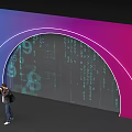 Event Entrance with Arched Purple Blue Neon Lights and Digital Code Backdrop Person Takes