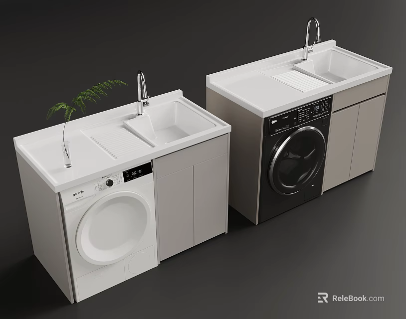 Modern Washing Machine Design in White and Dark Gray with Sink Faucet and Cabinet 3d model 