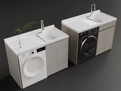 Modern Washing Machine Design in White and Dark Gray with Sink Faucet and Cabinet 3d model