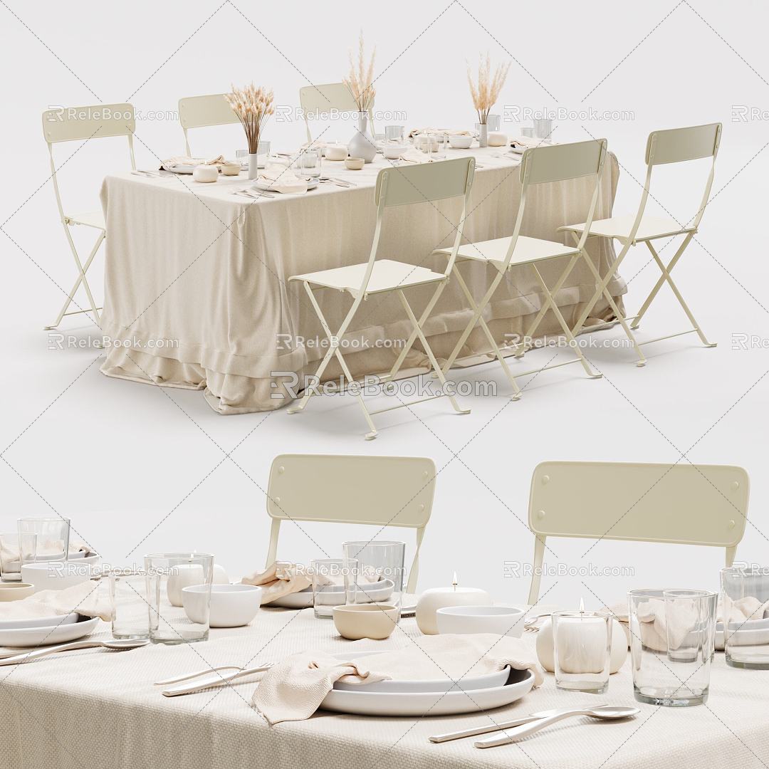 Cream Style Outdoor Dining Table Fantasy Wedding Tableware Ornaments Combination Flower Ornaments Internet Popular Furniture 3d model