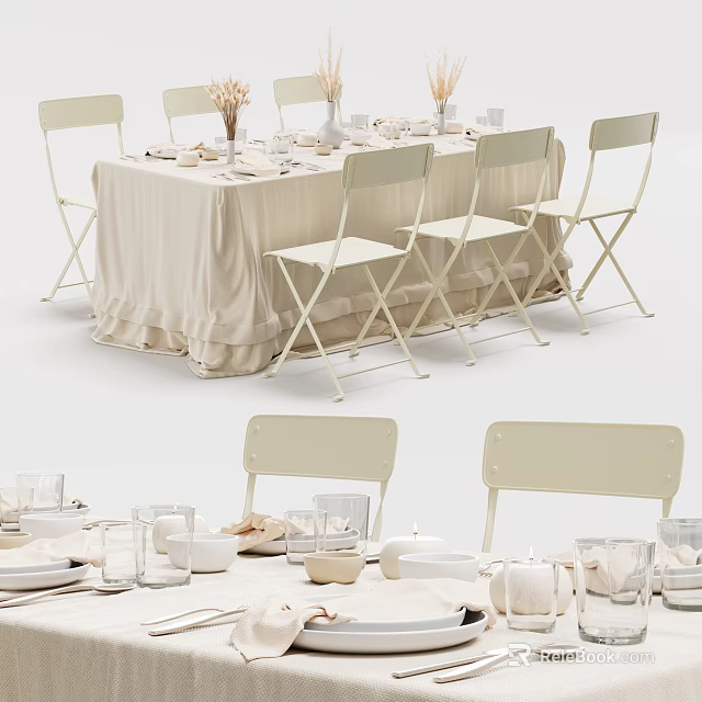 Elegant Beige Dining Table Set with Foldable Chairs Tableware and Glasses 3d model 