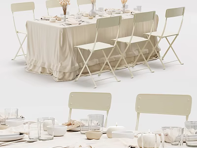 Elegant Beige Dining Table Set with Foldable Chairs Tableware and Glasses 3d model