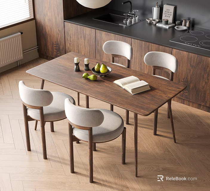 Wooden Dining Table With Light Gray Chairs And Fruit Book Small Bottles In Kitchen 3d model 
