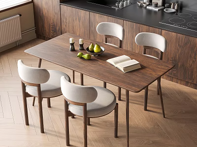 Wooden Dining Table With Light Gray Chairs And Fruit Book Small Bottles In Kitchen 3d model