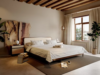 Serene Bedroom With Wooden Beams Beige Walls Large Bed White Bedding And Potted Plants 3d model