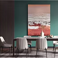Modern Restaurant Interior With Green Wall Art Dining Table And Gray Upholstered Chairs 3d model
