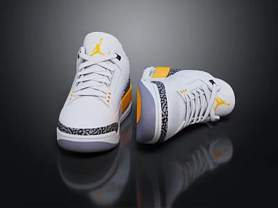 White Jordan Low Top Sneakers With Yellow Accents And Black Patterned Soles 3d model