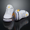 White Jordan Low Top Sneakers With Yellow Accents And Black Patterned Soles