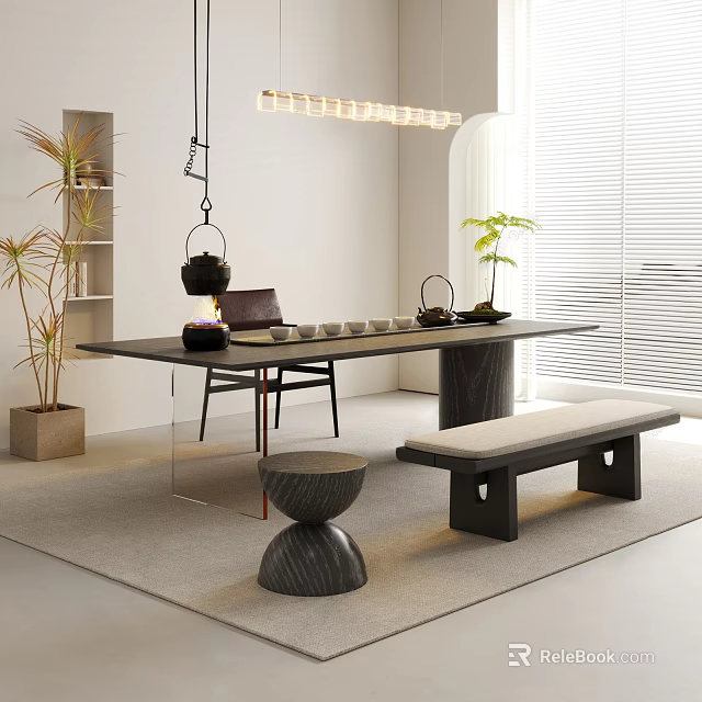 Modern Teahouse Interior With Long Table Teapots Potted Plants And Bench 3d model