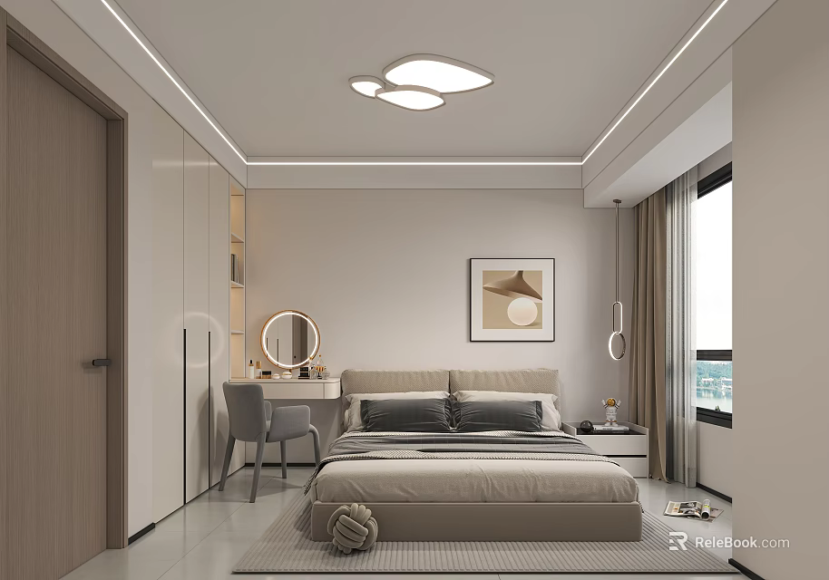 Modern Bedroom Interior With Bed Nightstand Wardrobe Dressing Table And Framed Painting 3d model 