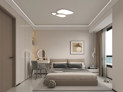 Modern Bedroom Interior With Bed Nightstand Wardrobe Dressing Table And Framed Painting 3d model