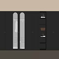 Modern Black Wardrobe Interior With Glass Panel Doors And Open Storage Shelves