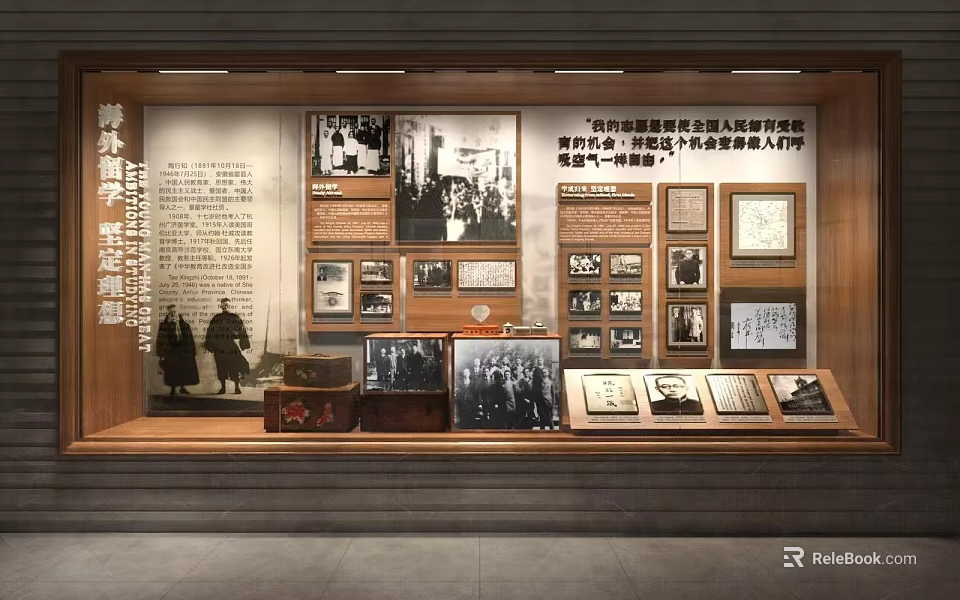 Museum Historical Exhibition Showcase Vintage Artifacts Old Photos And Text Displays 3d model 