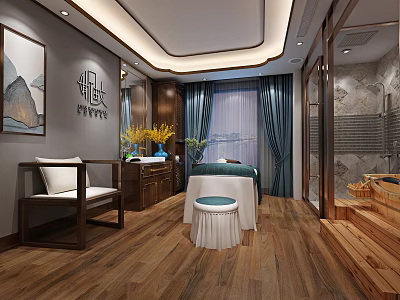 SPA Sauna Interior Design With Massage Table Wooden Furniture And Green Plants 3d model
