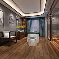 SPA Sauna Interior Design With Massage Table Wooden Furniture And Green Plants