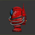 Man In Red Astronaut Suit With Blue Helmet And Gray Hose Details