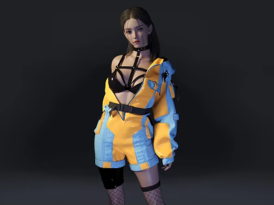 Woman In Blue And Yellow Hooded Jacket With Black Strappy Lingerie Top And Shorts 3d model