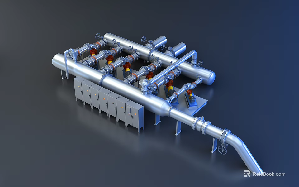 Stainless Steel Industrial Pipes System With Valves And Control Cabinets 3d model 