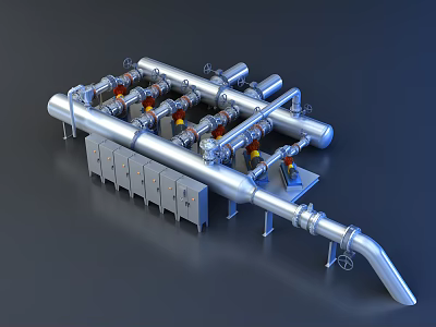 Stainless Steel Industrial Pipes System With Valves And Control Cabinets 3d model
