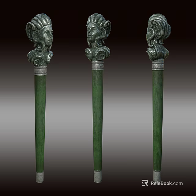 Three Ancient Decorative Weapons Featuring Carved Head Tops And Green Shafts 3d model 