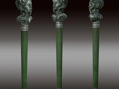 Three Ancient Decorative Weapons Featuring Carved Head Tops And Green Shafts 3d model