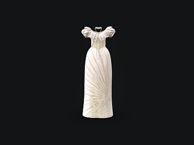 Elegant White Long Dress With Puffed Sleeves And Pleated Design Details 3d model