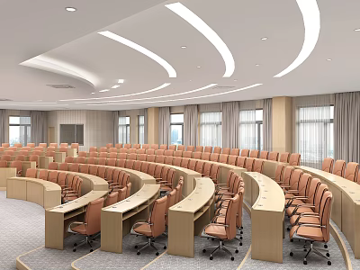 Tiered Modern Conference Room With Brown Chairs Curved Tables White Curved Ceiling Lights And Large Windows 3d model